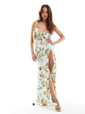 Yellow Rose Print Maxi Dress with High Side Slit